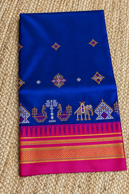 Malai Silk with Kasuti embroidery - Royal Blue & Pink
