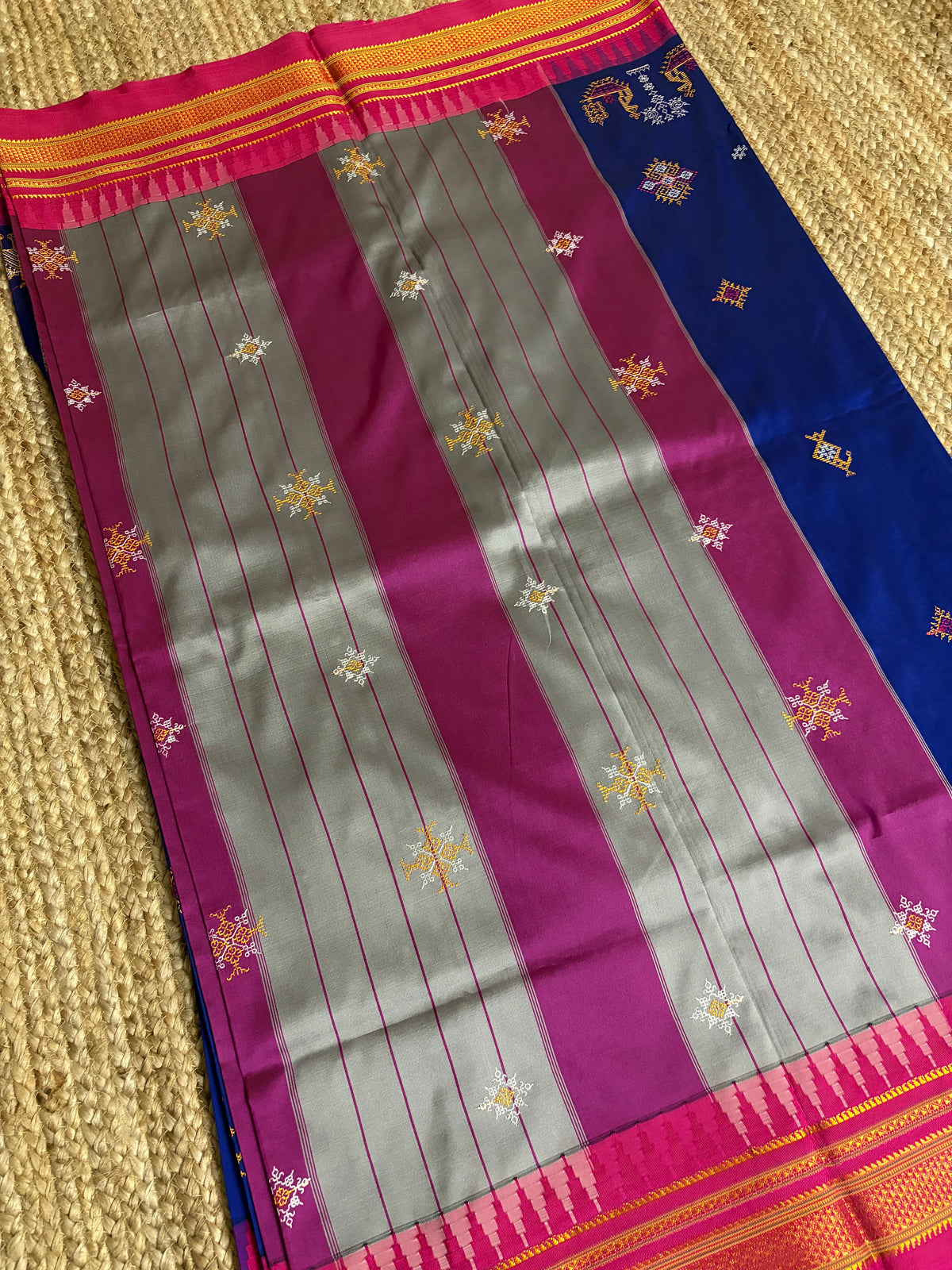 Malai Silk with Kasuti embroidery - Royal Blue & Pink