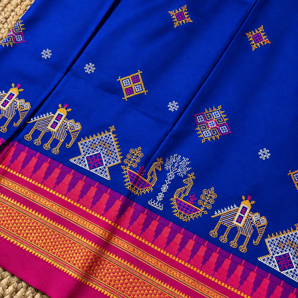Malai Silk with Kasuti embroidery - Royal Blue & Pink
