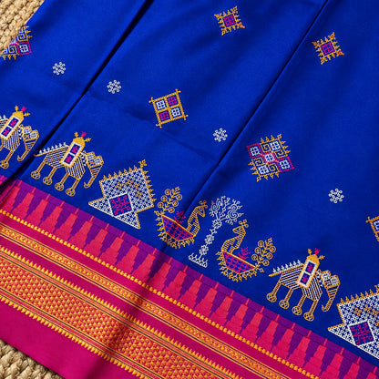 Malai Silk with Kasuti embroidery - Royal Blue & Pink