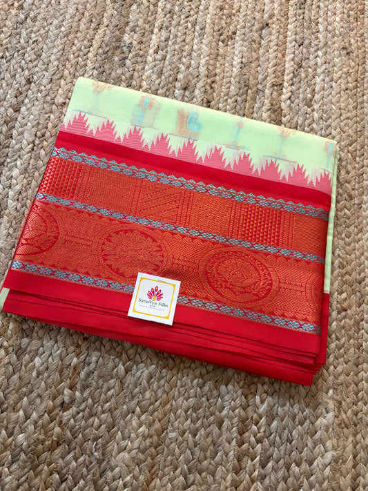Gadwal Design Cotton - Pastel Green & Red woven in Gadwal pattern