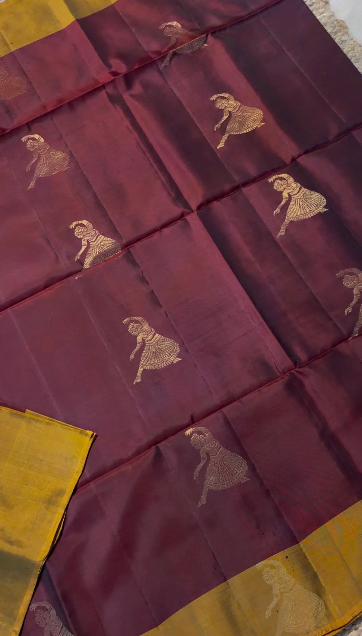 Pure Handloom Soft Silk - Maroon & Gold Dancing Mudra