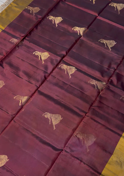 Pure Handloom Soft Silk - Maroon & Gold Dancing Mudra