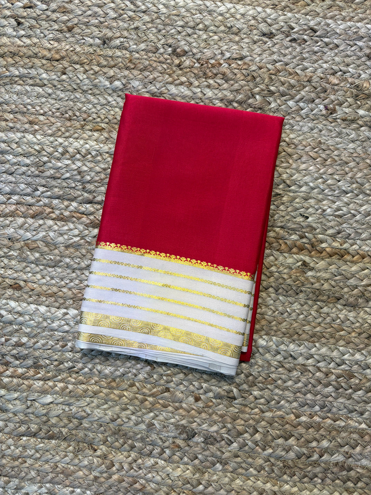 Pure Mysore Crepe Silk - Red with Creme Lines Border