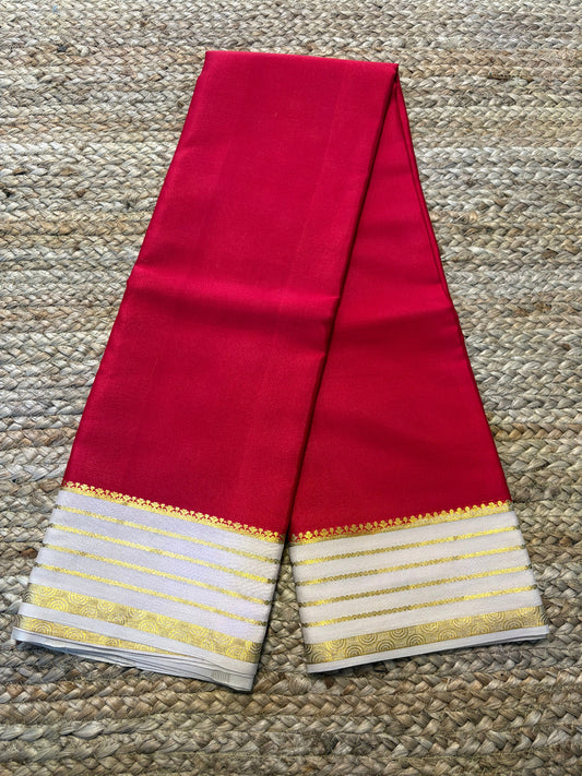 Pure Mysore Crepe Silk - Red with Creme Lines Border