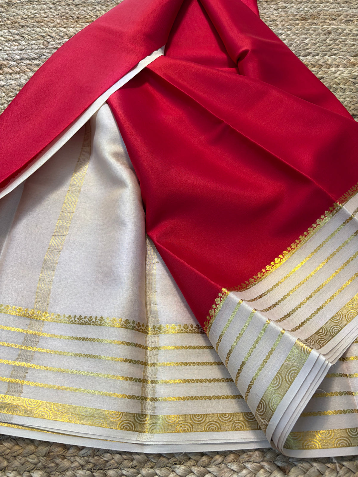 Pure Mysore Crepe Silk - Red with Creme Lines Border