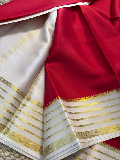 Pure Mysore Crepe Silk - Red with Creme Lines Border