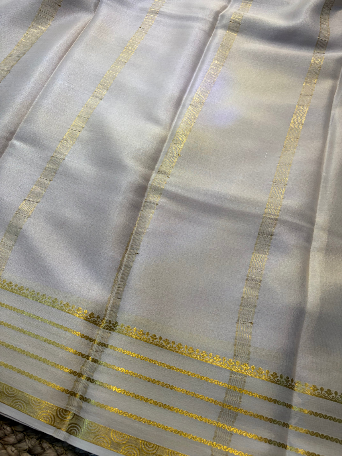 Pure Mysore Crepe Silk - Red with Creme Lines Border
