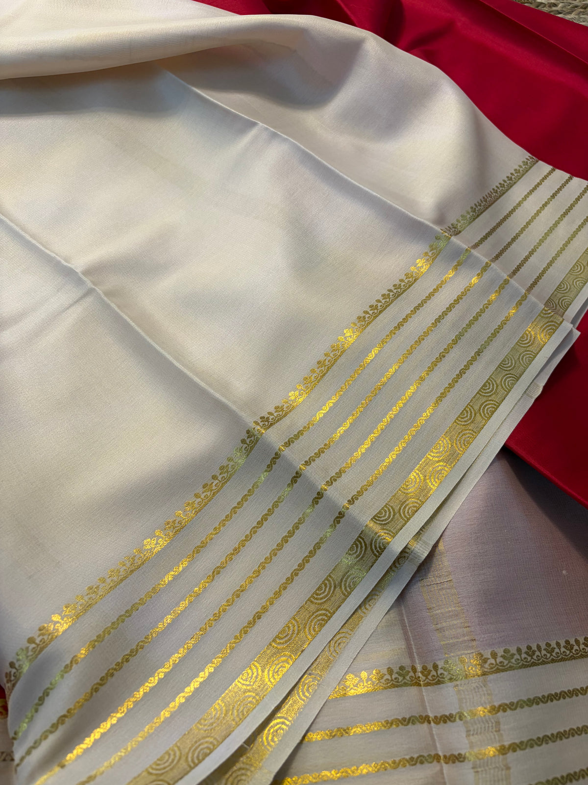 Pure Mysore Crepe Silk - Red with Creme Lines Border