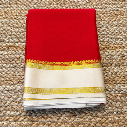 Pure Mysore Crepe Silk - Red with Creme Gap Border