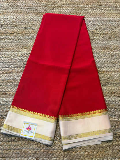 Pure Mysore Crepe Silk - Red with Creme Gap Border