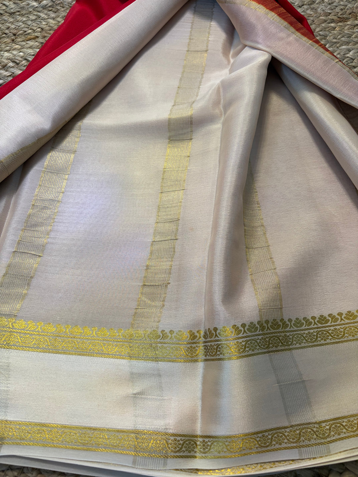 Pure Mysore Crepe Silk - Red with Creme Gap Border