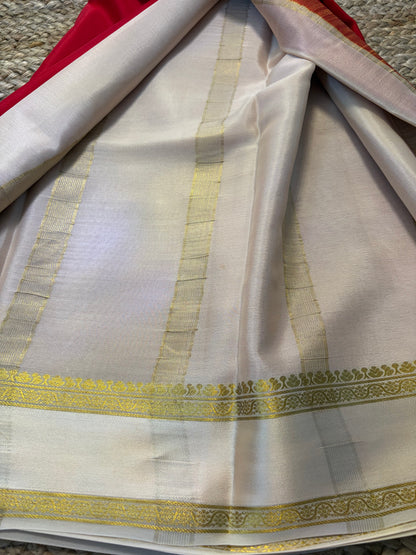 Pure Mysore Crepe Silk - Red with Creme Gap Border
