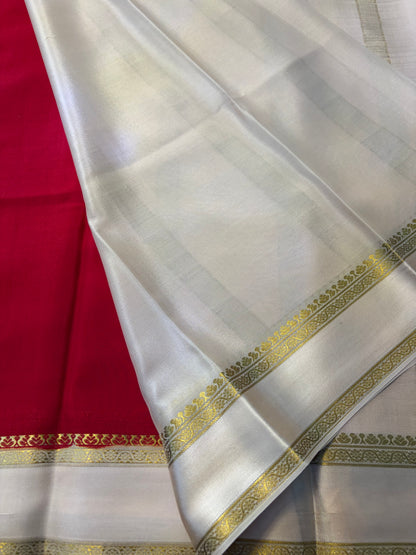 Pure Mysore Crepe Silk - Red with Creme Gap Border