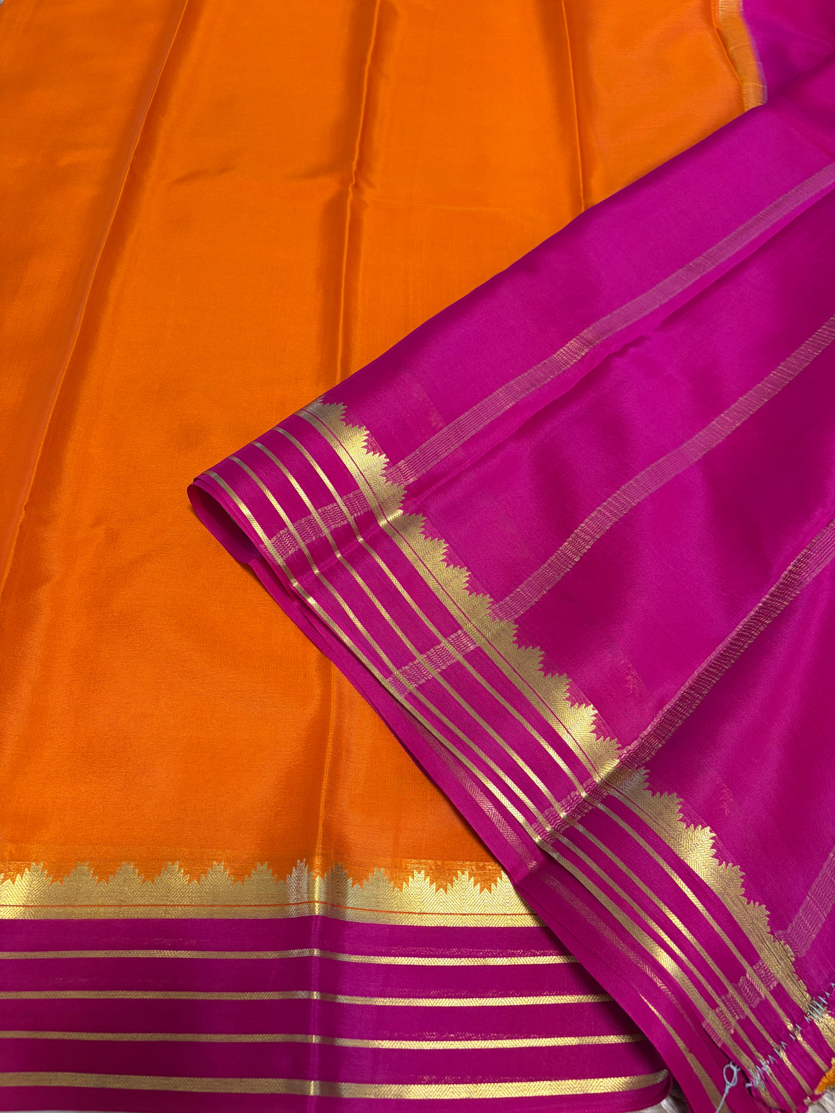 Pure Mysore Crepe Silk - Orange-Pink Temple Border