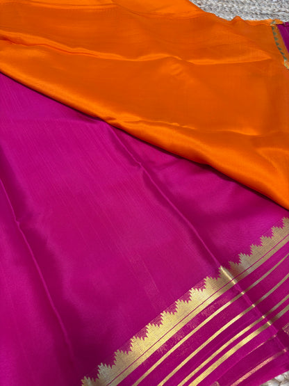 Pure Mysore Crepe Silk - Orange-Pink Temple Border