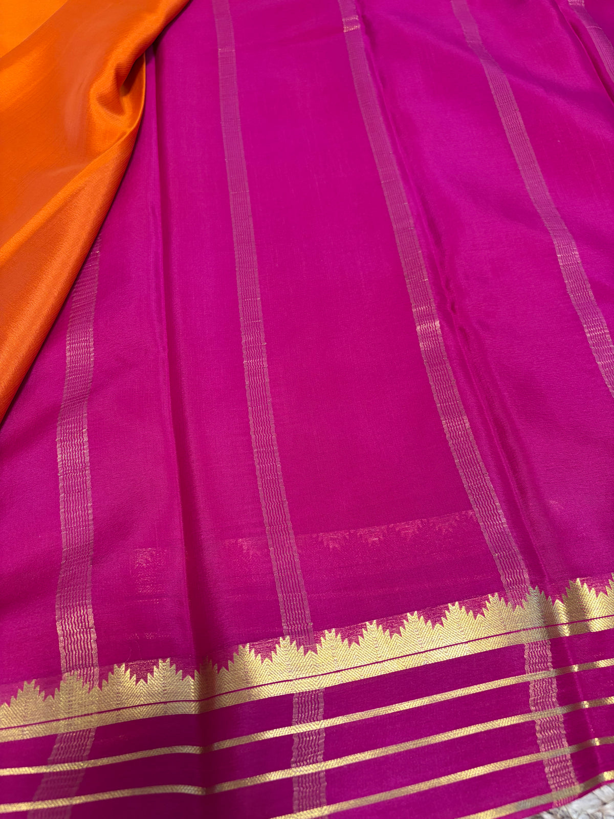 Pure Mysore Crepe Silk - Orange-Pink Temple Border
