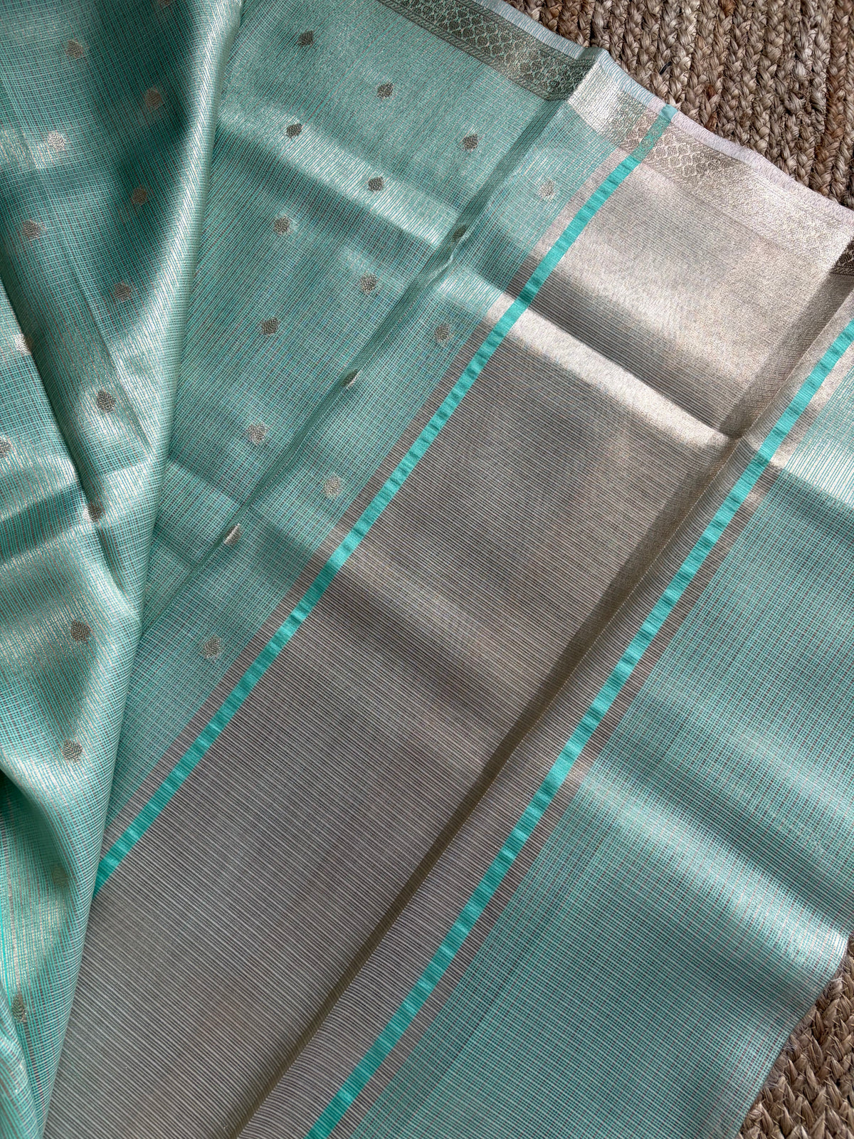 Kota Doria - Pastel Blue with lotus floral border