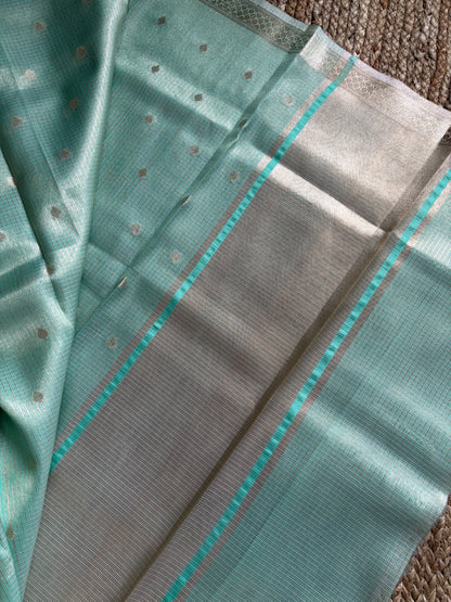 Kota Doria - Pastel Blue with lotus floral border