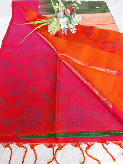 Pure Handloom Soft Silk - Green Orange Ikat theme border