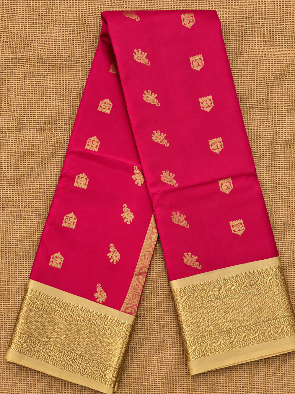Pure Handloom Silk Kanjeevaram - Coral color with Elephant & Temple Motif