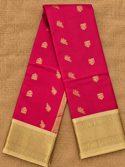 Pure Handloom Silk Kanjeevaram - Coral color with Elephant & Temple Motif