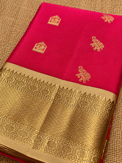 Pure Handloom Silk Kanjeevaram - Coral color with Elephant & Temple Motif