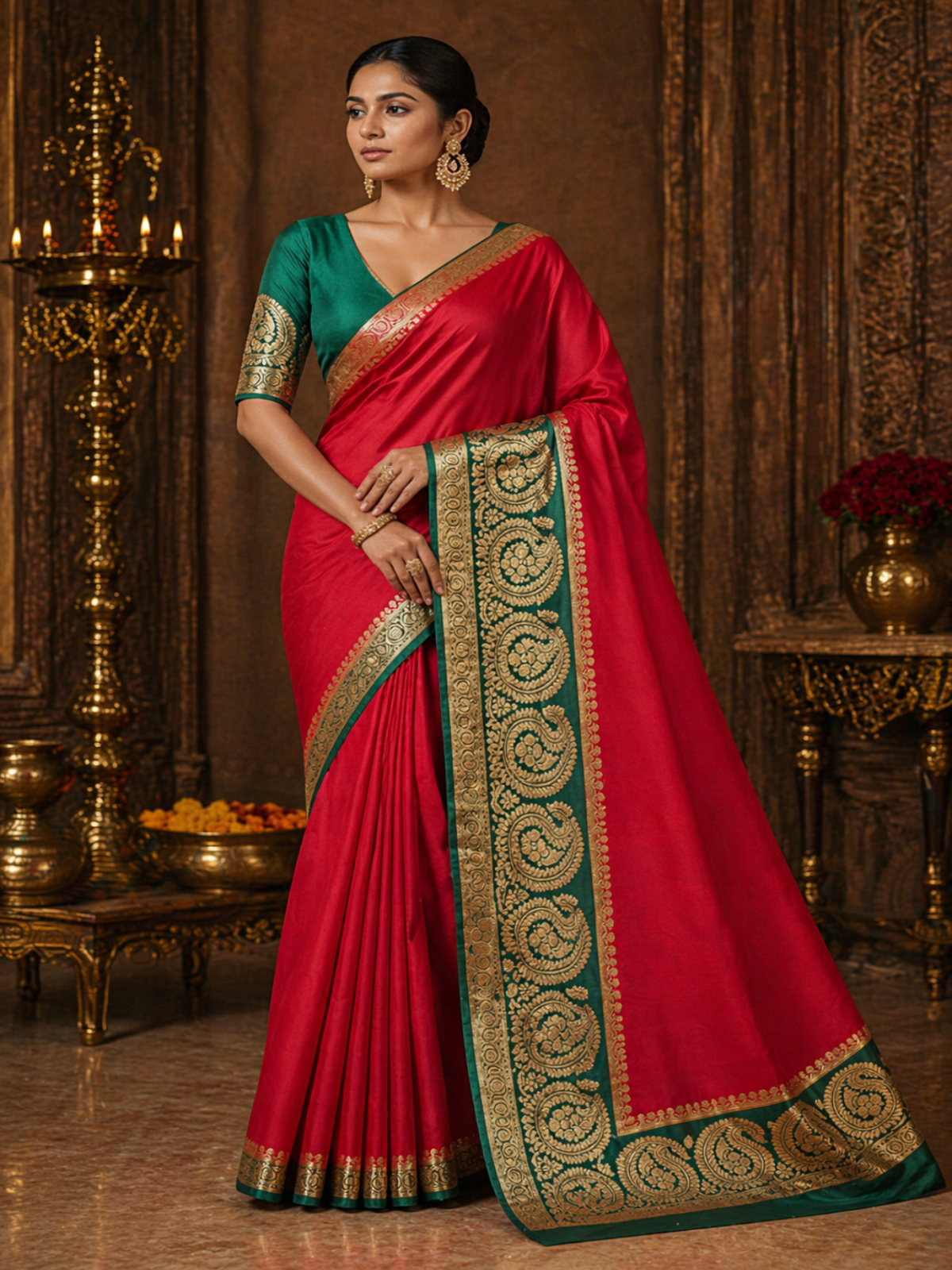 Pure Mysore Crepe Silk - Minimalist Red & Green Kairi Border