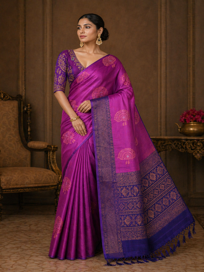 Pure Handloom Soft Silk - Violet & Navy Blue Chinese Fan Design