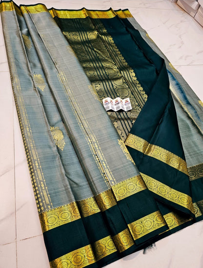 Pure Handloom Silk Kanjeevaram - Grey & Deep Bottle Green with 1.5g zari