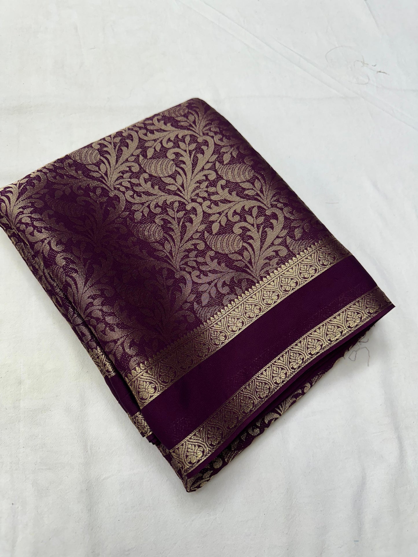 Semi Mysore Crepe Silk - Wine with Golden Brocade Weave
