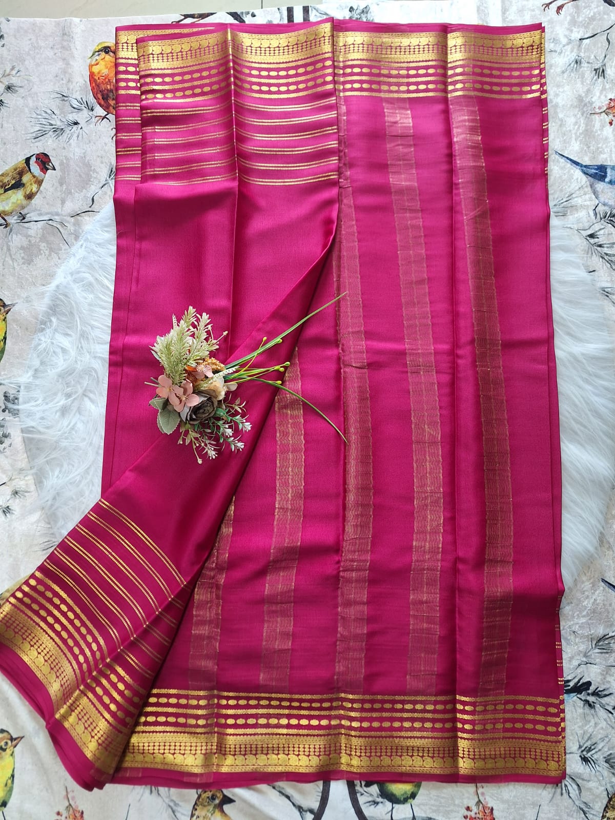 Pure Mysore Crepe Silk - Hot Pink designer lines pattern