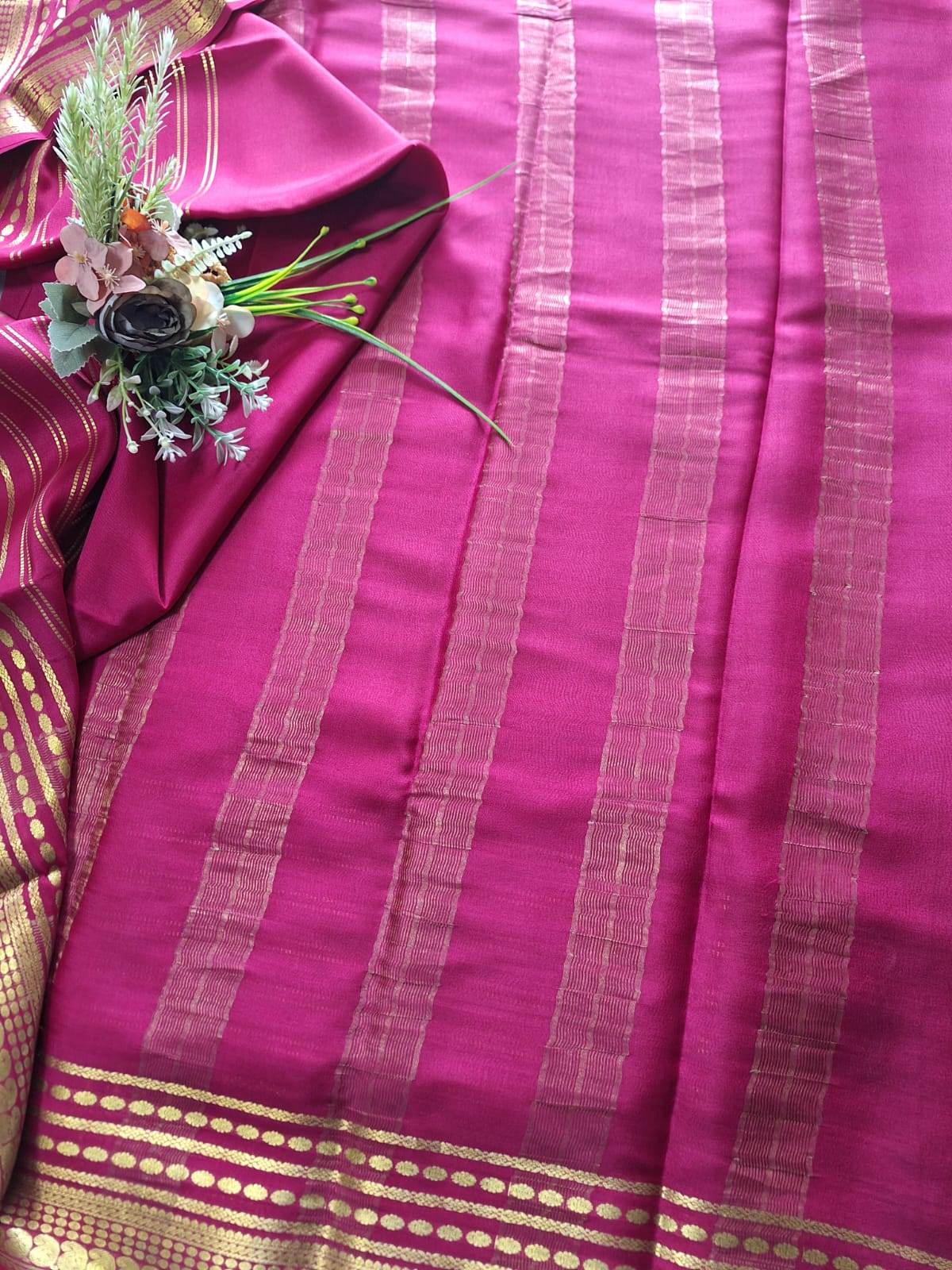 Pure Mysore Crepe Silk - Hot Pink designer lines pattern