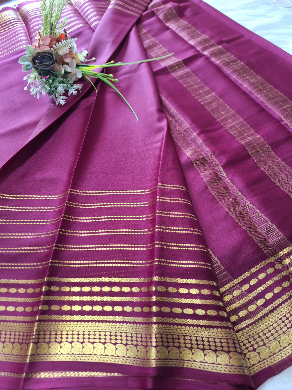 Pure Mysore Crepe Silk - Exotic Wine designer lines pattern