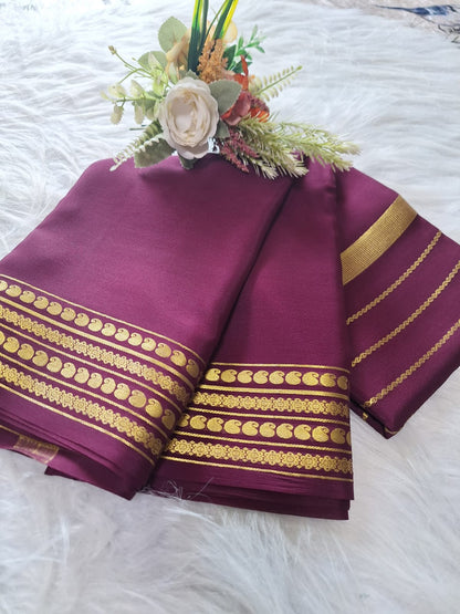 Pure Mysore Crepe Silk - Exotic Wine with center golden Zari lines