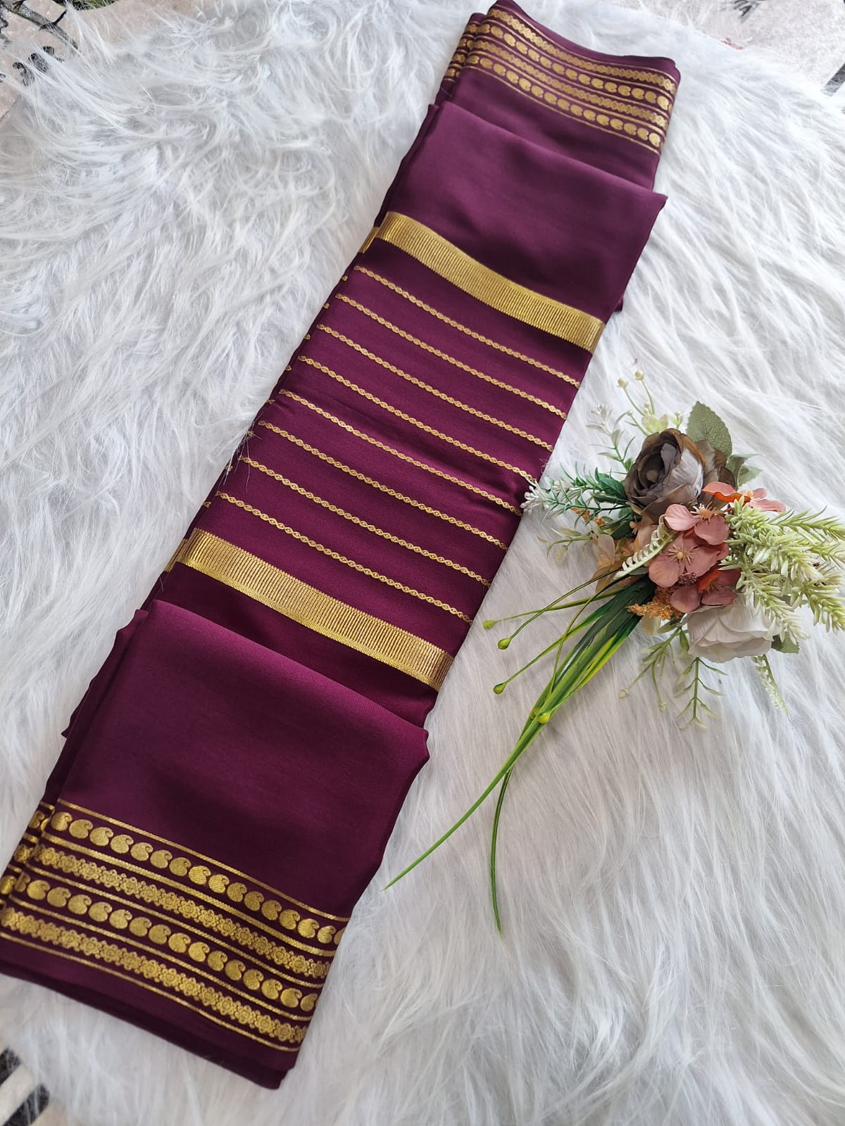Pure Mysore Crepe Silk - Exotic Wine with center golden Zari lines