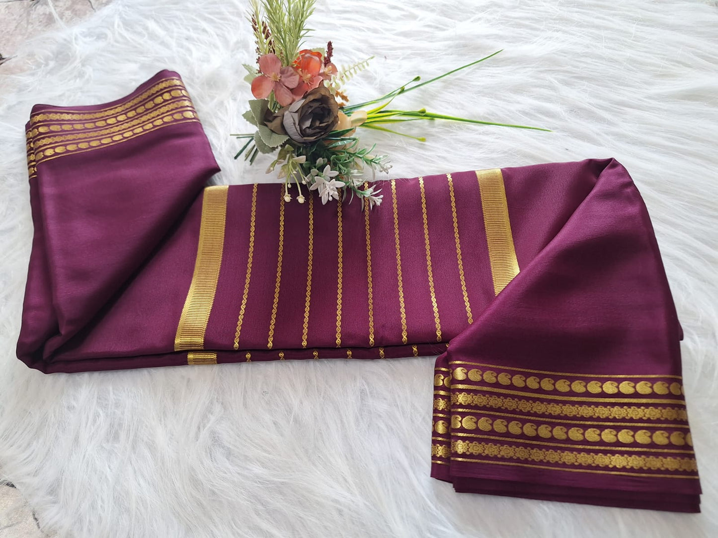Pure Mysore Crepe Silk - Exotic Wine with center golden Zari lines