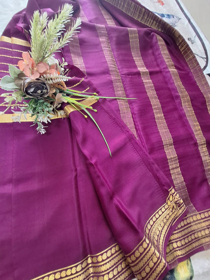 Pure Mysore Crepe Silk - Exotic Wine with center golden Zari lines