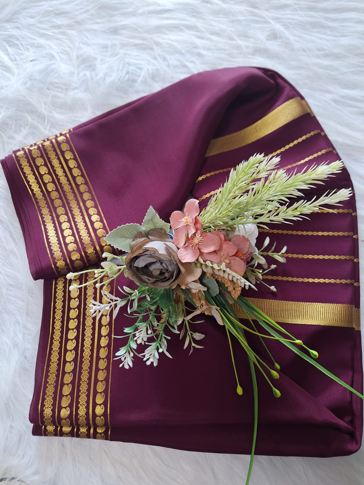 Pure Mysore Crepe Silk - Exotic Wine with center golden Zari lines