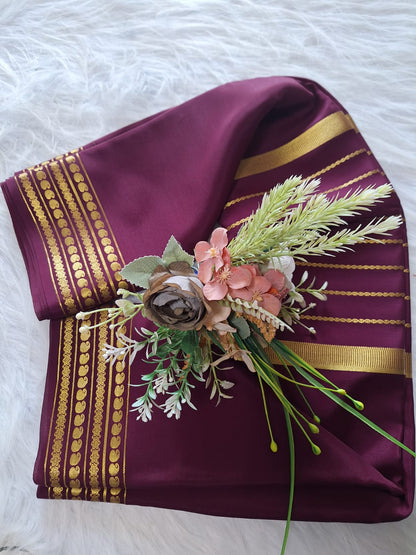 Pure Mysore Crepe Silk - Exotic Wine with center golden Zari lines