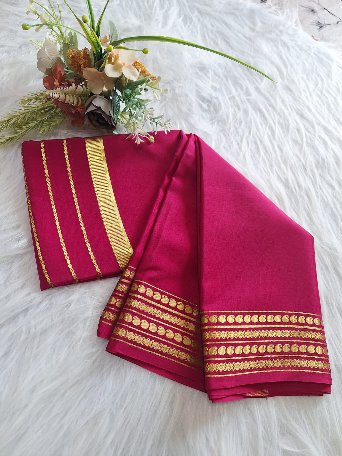 Pure Mysore Crepe Silk - Hot Pink Saree with golden Zari lines
