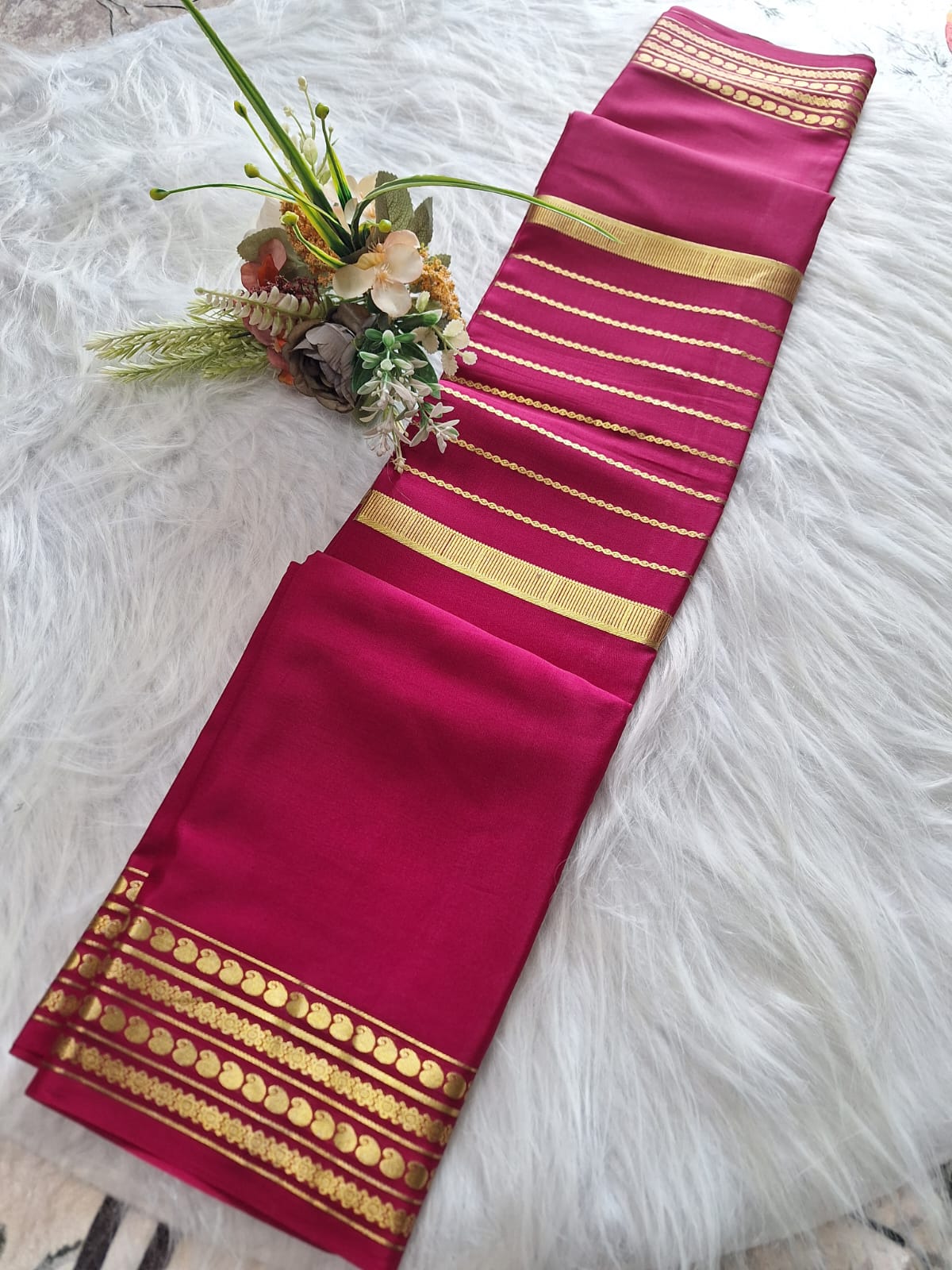 Pure Mysore Crepe Silk - Hot Pink Saree with golden Zari lines