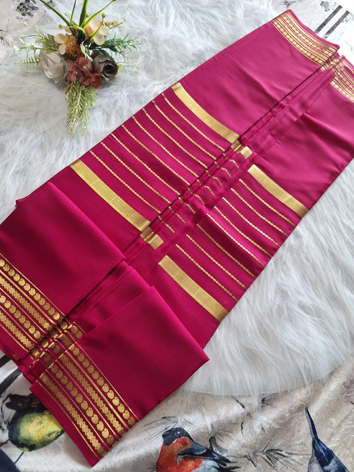 Pure Mysore Crepe Silk - Hot Pink Saree with golden Zari lines
