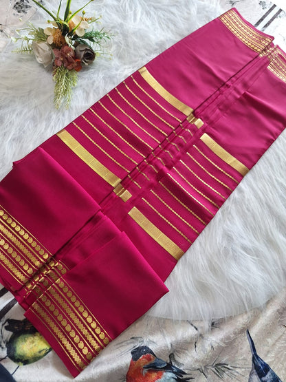 Pure Mysore Crepe Silk - Hot Pink Saree with golden Zari lines