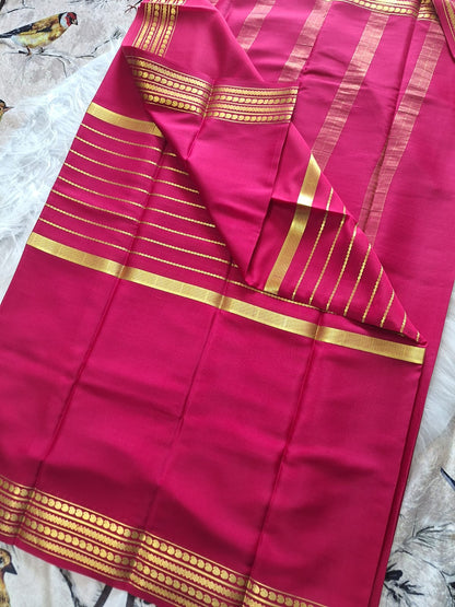 Pure Mysore Crepe Silk - Hot Pink Saree with golden Zari lines