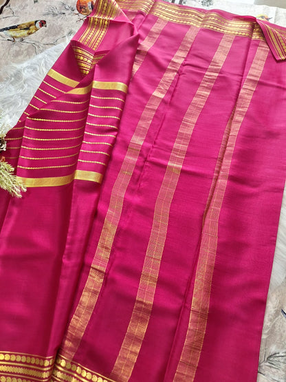 Pure Mysore Crepe Silk - Hot Pink Saree with golden Zari lines