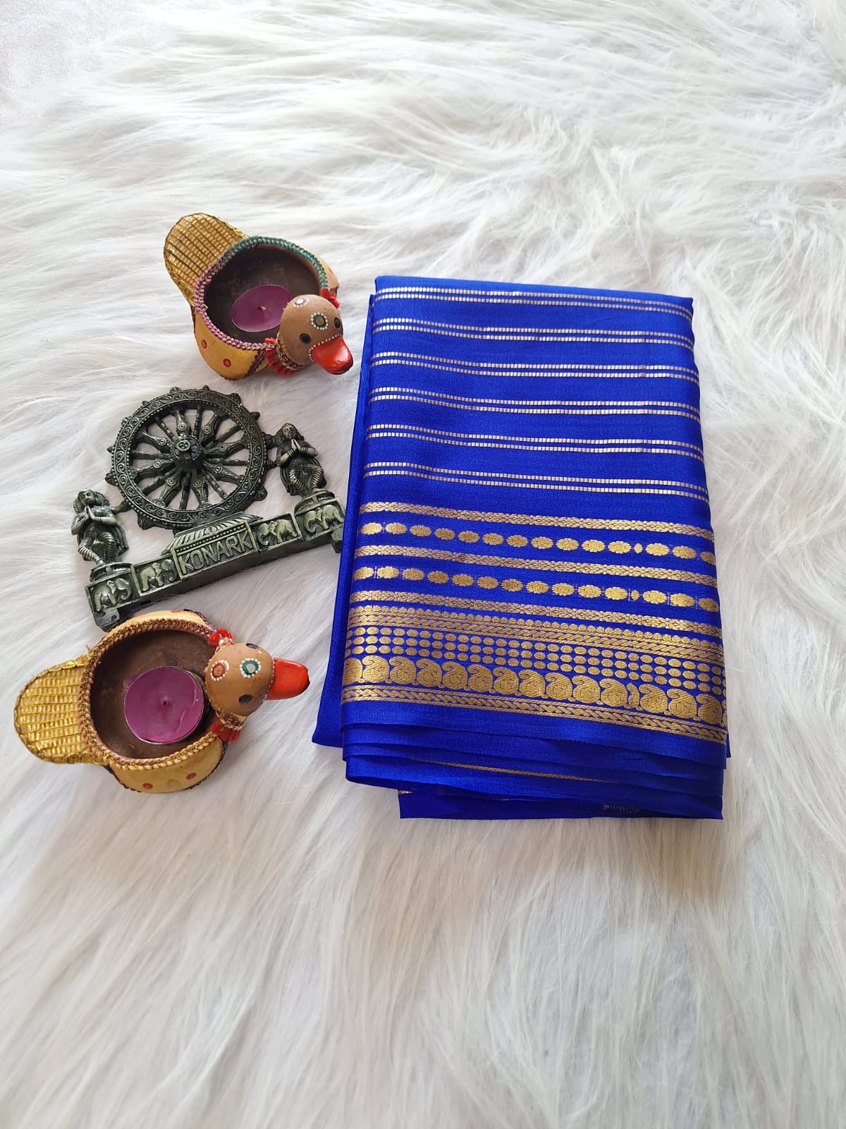 Pure Mysore Crepe Silk - Royal Blue designer lines pattern
