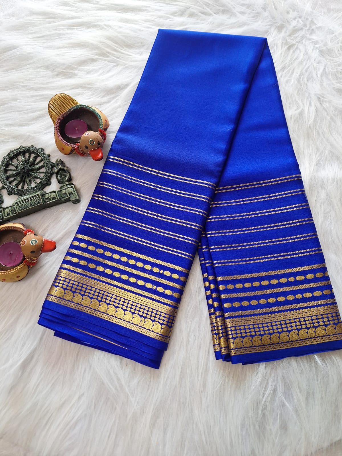 Pure Mysore Crepe Silk - Royal Blue designer lines pattern