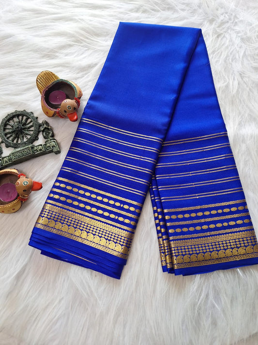 Pure Mysore Crepe Silk - Royal Blue designer lines pattern