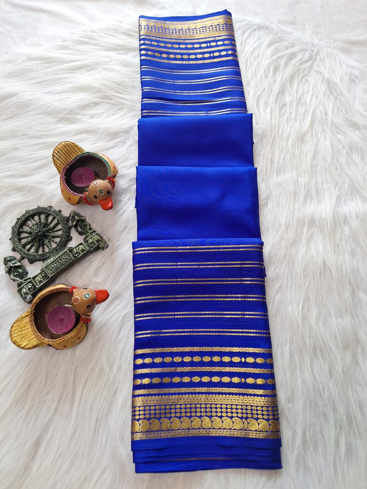 Pure Mysore Crepe Silk - Royal Blue designer lines pattern